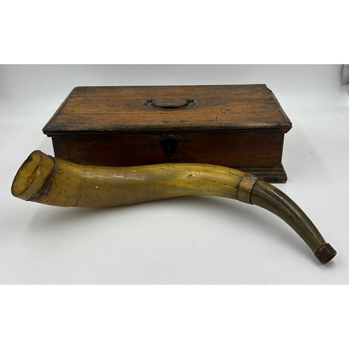 1335 - An animal bugle horn part metal mounted 38cm l together with a Victorian hinged box with green baize... 