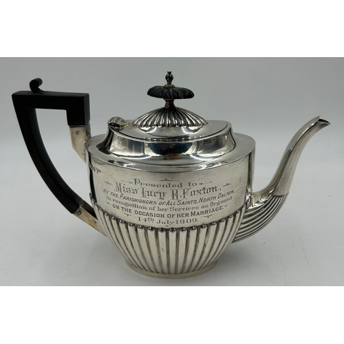 826 - A Walker & Hall part tea service, Sheffield 1909 to include teapot with inscription to one side 'Pre... 