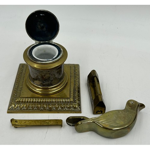 1339 - A miscellany comprising : brass inkwell, 2 x Baxter miniature prints, Dramatic Works of William Shak... 