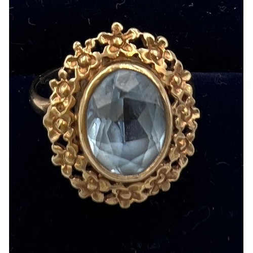 587 - A nine carat gold ring set with pale blue stone, size M, weight 3.2gm.