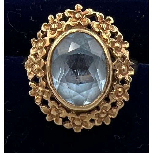 587 - A nine carat gold ring set with pale blue stone, size M, weight 3.2gm.