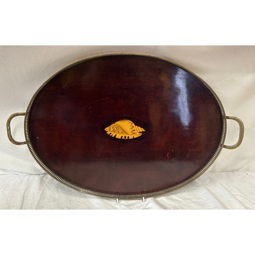 1340 - A 20thC oval raised mahogany tray, base inlaid with a shell, with silver plated galleried edge marke... 