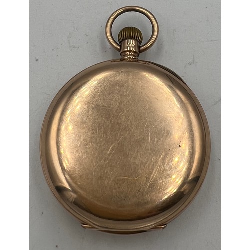 701 - A nine carat gold half hunter pocket watch with subsidiary seconds dial. Total weight 98.4gm. 5cm d.