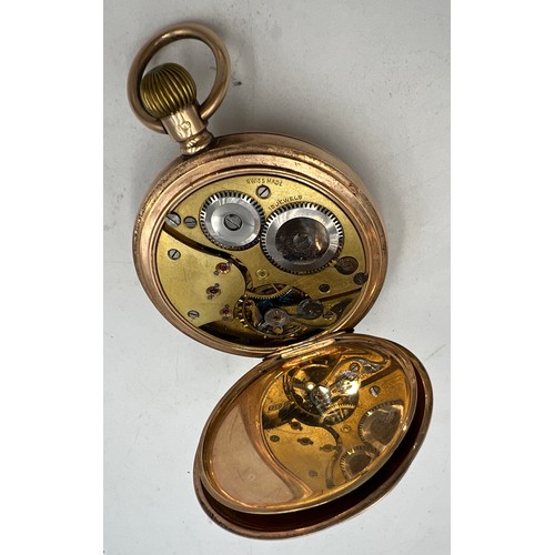 701 - A nine carat gold half hunter pocket watch with subsidiary seconds dial. Total weight 98.4gm. 5cm d.