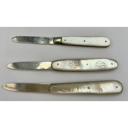 53 - Three silver and mother of pearl handled fruit knives to include Sheffield 1911, maker A.W. Stanisfo... 