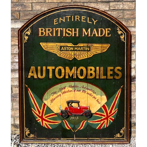 177 - A large hand painted Aston Martin advertising sign. 122cm h x 96cm w.