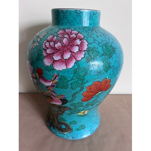 944 - A large 19thC Chinese vase with famille rose decoration, possibly Jiaqing, green ground with exotic ... 