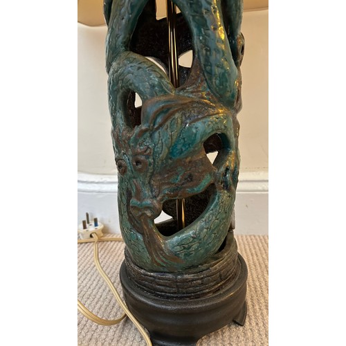 1029 - Mid 20thC Ceramic Lamp with green dragon design 43cm h to include a square cream shade 77cm h in tot... 