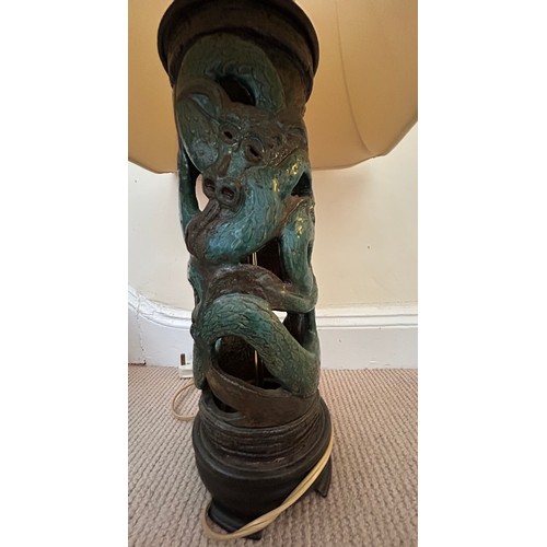 1029 - Mid 20thC Ceramic Lamp with green dragon design 43cm h to include a square cream shade 77cm h in tot... 