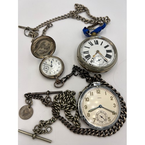 695 - Three pocket watches to include .800 silver Omega and two silver watch chains. Weight of silver watc... 