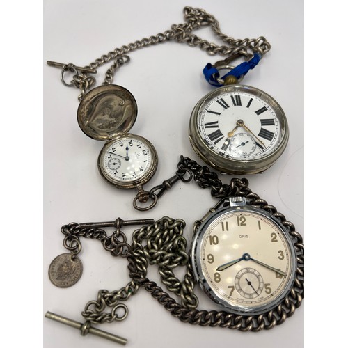 695 - Three pocket watches to include .800 silver Omega and two silver watch chains. Weight of silver watc... 