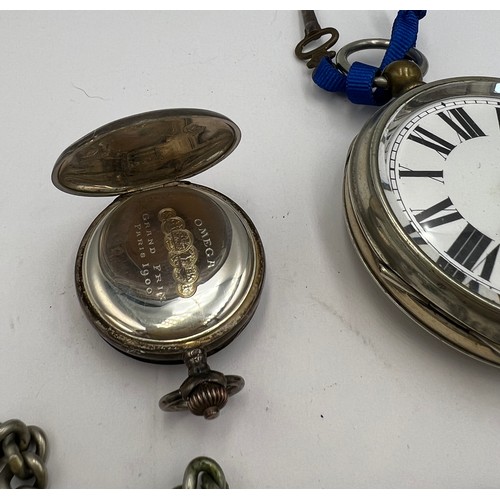 695 - Three pocket watches to include .800 silver Omega and two silver watch chains. Weight of silver watc... 