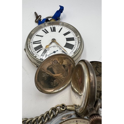 695 - Three pocket watches to include .800 silver Omega and two silver watch chains. Weight of silver watc... 