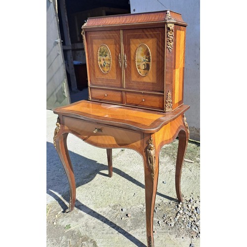 137 - French style desk with inlaid and painted decoration on cabriole legs with gilt metal mounts. 133cm ... 