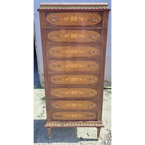 138 - A French style chest of eight drawers with floral inlay and marble top. 129cm h x 51cm w x 32cm d.