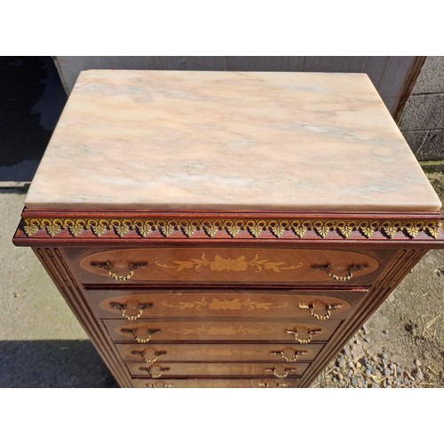 138 - A French style chest of eight drawers with floral inlay and marble top. 129cm h x 51cm w x 32cm d.