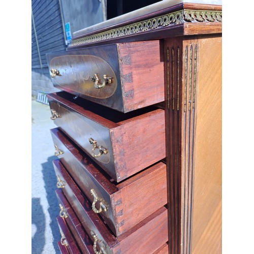 138 - A French style chest of eight drawers with floral inlay and marble top. 129cm h x 51cm w x 32cm d.