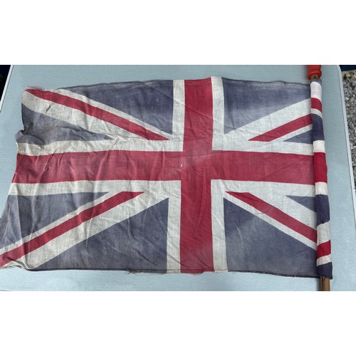 1292A - Two 1953 Queen Elizabeth II Coronation printed cotton flags on poles 33 x 42cm.