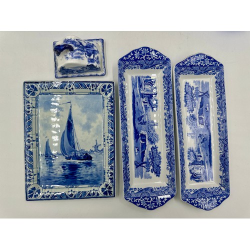 223 - Various blue and white ceramics to include a Dutch lidded wagon, a 19thC meat plate, 3 x Spode shall... 