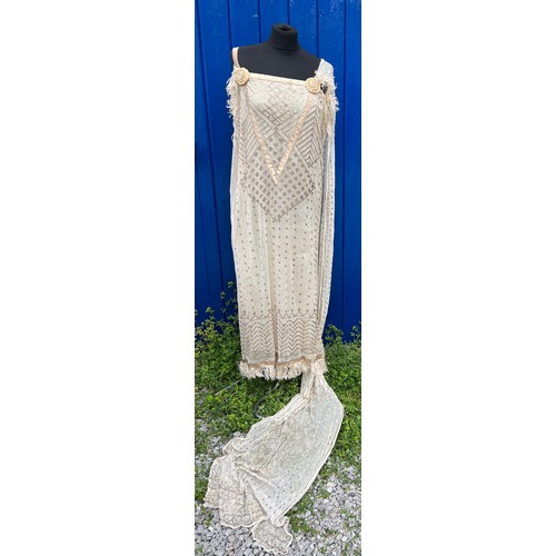 953 - A vintage cream net and metallic silver embroidered dress made with Egyptian azute shawl with long t... 