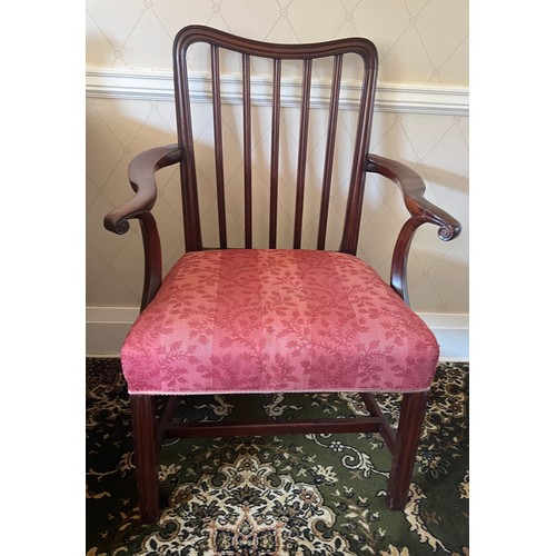 32 - A 19thC mahogany armchair with red upholstered seat and square tapered legs to front. 93cm h to back... 