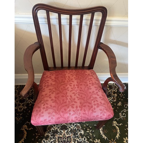 32 - A 19thC mahogany armchair with red upholstered seat and square tapered legs to front. 93cm h to back... 