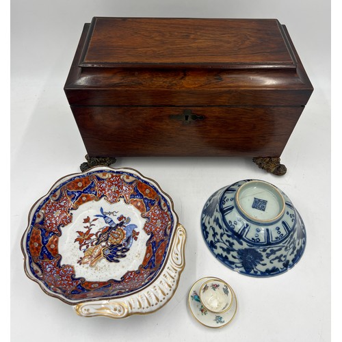 1404 - A 19thC rosewood tea caddy together with Spode dish, Crown Staffordshire cup and saucer and a Chines... 