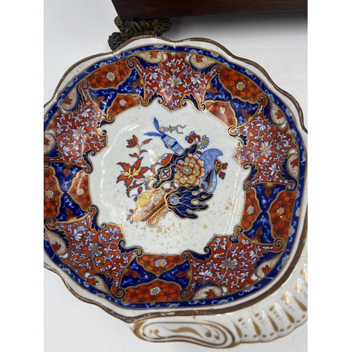 1404 - A 19thC rosewood tea caddy together with Spode dish, Crown Staffordshire cup and saucer and a Chines... 