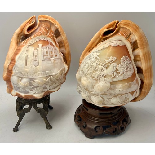 1405 - Two carved shell cameo lamps. One with classical scene, the other Pompei casa diolconio. Shells 15cm... 