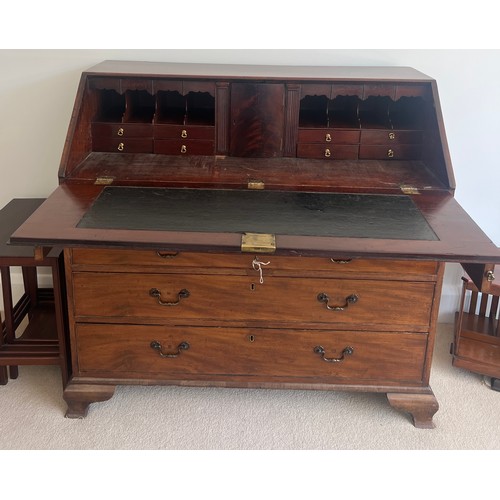 41 - A 19thC mahogany bureau on ogee bracket feet and fitted interior. 111cm w x 53cm d x 106cm h.