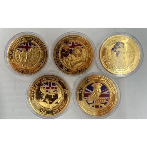 779 - A large quantity of gold plated proof coins/medallions to include 5 x 2014 WW1 Centenary, 4 x one do... 