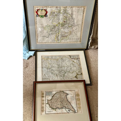 1476 - Three original hand painted framed maps to include: William Kip, A map of Staffordiae, Comitatvs Par... 