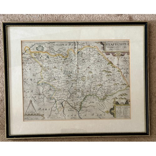 1476 - Three original hand painted framed maps to include: William Kip, A map of Staffordiae, Comitatvs Par... 