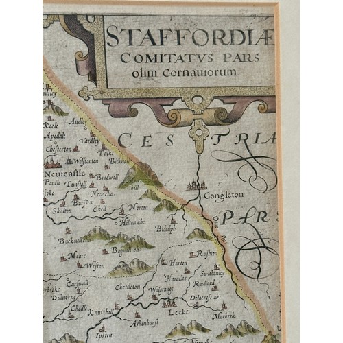 1476 - Three original hand painted framed maps to include: William Kip, A map of Staffordiae, Comitatvs Par... 