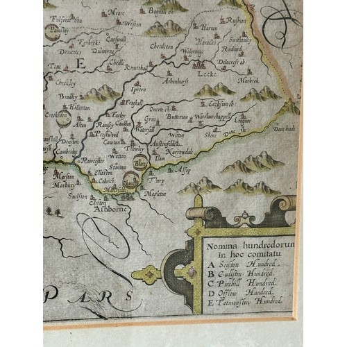 1476 - Three original hand painted framed maps to include: William Kip, A map of Staffordiae, Comitatvs Par... 