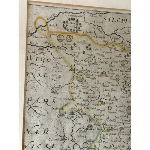 1476 - Three original hand painted framed maps to include: William Kip, A map of Staffordiae, Comitatvs Par... 