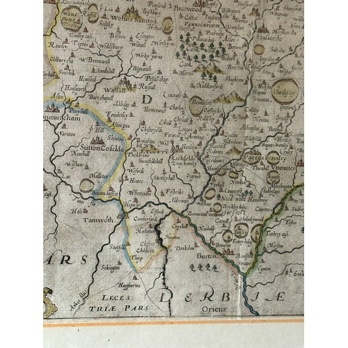 1476 - Three original hand painted framed maps to include: William Kip, A map of Staffordiae, Comitatvs Par... 