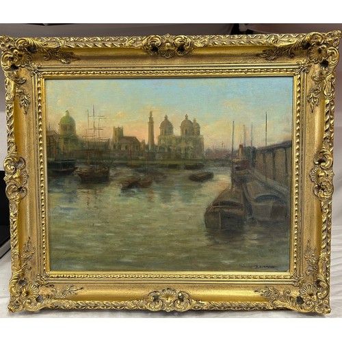 1516 - B. Kirman (British), a gilt framed oil painting on board of Princes Dock, Kingston Upon Hull. Sight ... 