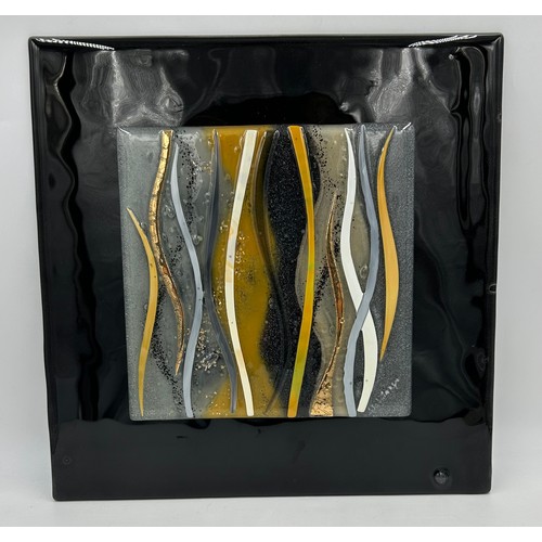 499 - Lisa Villarospo Contemporary Fused Glass picture in silver, gold and black on a solid black backgrou... 