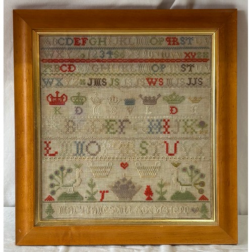 955 - A 19thC cross stitch sampler dated 1890 in the name of Mary Jane Smith, frame 49cm x 47cm.