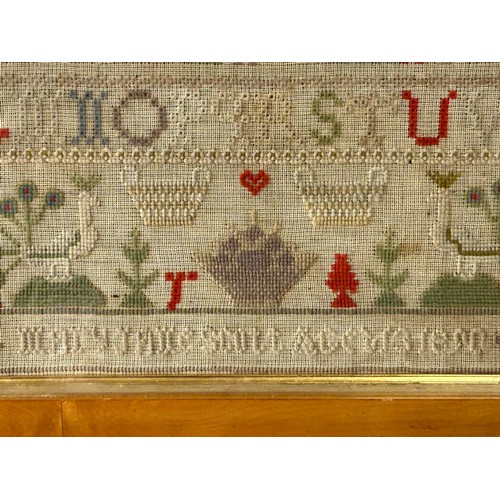 955 - A 19thC cross stitch sampler dated 1890 in the name of Mary Jane Smith, frame 49cm x 47cm.