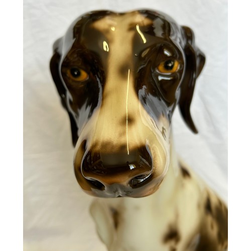 390 - A large ceramic 'Pointer' seated hunting dog in brown and white, standing 76cm h.