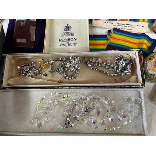 505 - Collection of Vintage Costume Jewellery along with a Ronson Lighter, Stratton powder compact, WW1 me... 