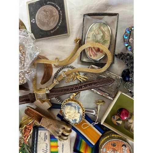 505 - Collection of Vintage Costume Jewellery along with a Ronson Lighter, Stratton powder compact, WW1 me... 