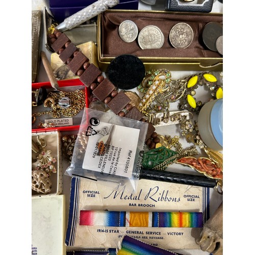 505 - Collection of Vintage Costume Jewellery along with a Ronson Lighter, Stratton powder compact, WW1 me... 