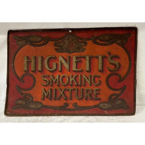 1446 - Hignett's 'Smoking Mixture' Metal Advertising sign 49.5cm x 33cm with letters and decoration in reli... 