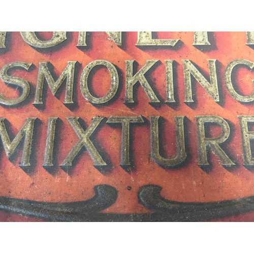 1446 - Hignett's 'Smoking Mixture' Metal Advertising sign 49.5cm x 33cm with letters and decoration in reli... 