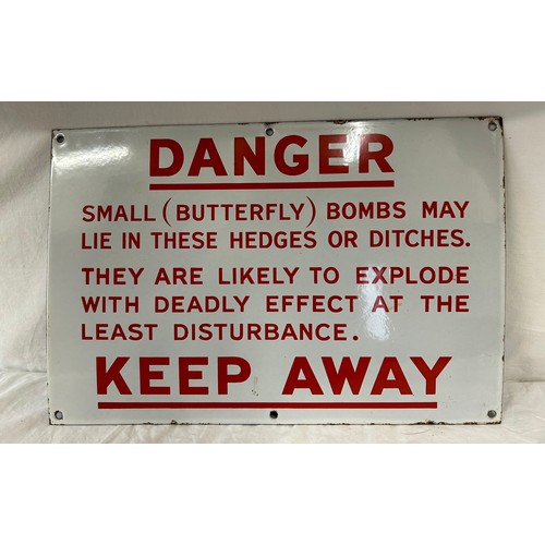 1450 - WWII related enamel sign 'Danger - small butterfly bombs' 40cm x 30.5cm with 6 drilled holes for fix... 