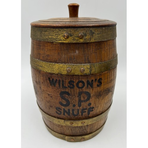 1408 - A Wilson's S.P. Snuff storage coopered oak barrel with lid 19cm h, a Lucas 'King of the Road' vintag... 