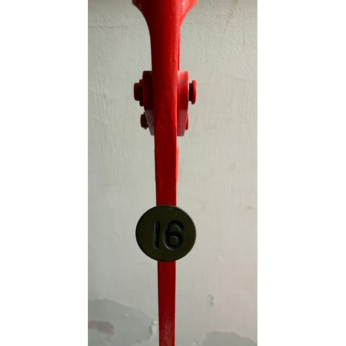 1410 - Railway Signal Box Lever mounted on base plate with brass plaque number 16. Painted red and black 12... 